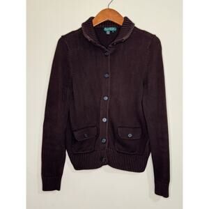 Lauren Ralph Lauren Cardigan Sweater Womens Large Brown 100% Cotton Grandma Core